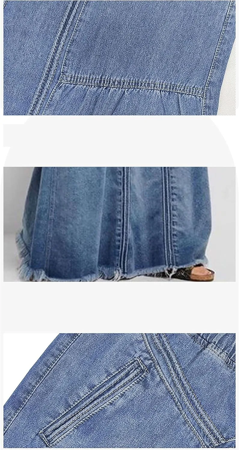 LETSVDO Women's Casual Maxi Denim Skirt Cargo High Waist A Line Asymmetrical Flowy Hippie Flare Long Jean Skirts