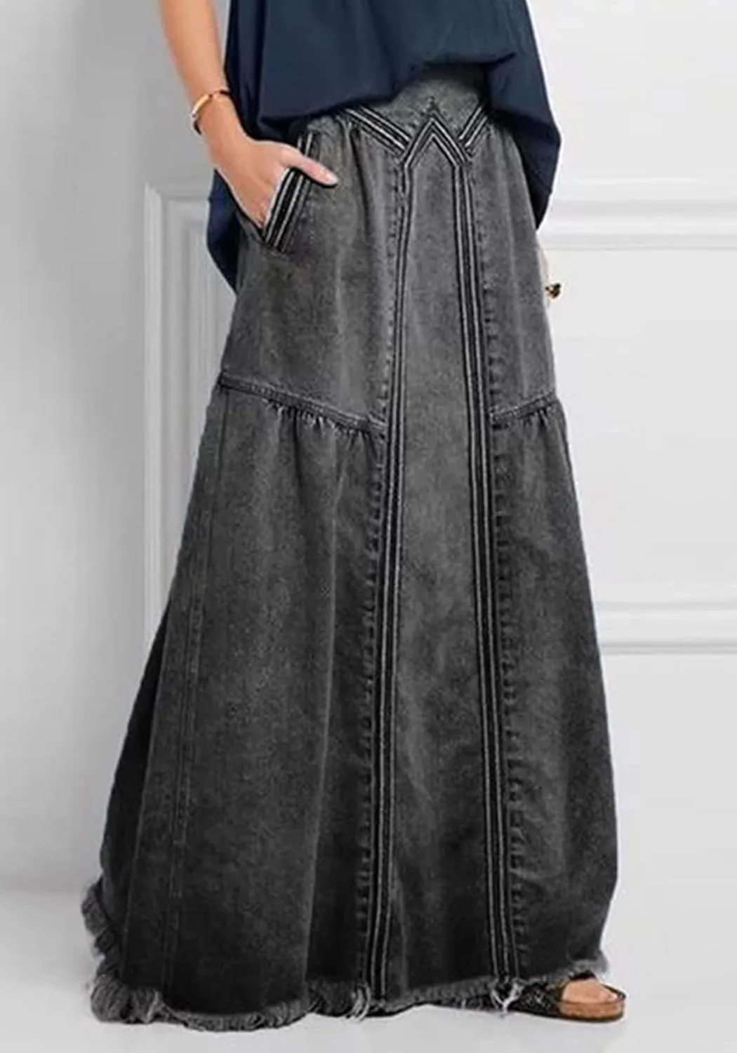 LETSVDO Women's Casual Maxi Denim Skirt Cargo High Waist A Line Asymmetrical Flowy Hippie Flare Long Jean Skirts