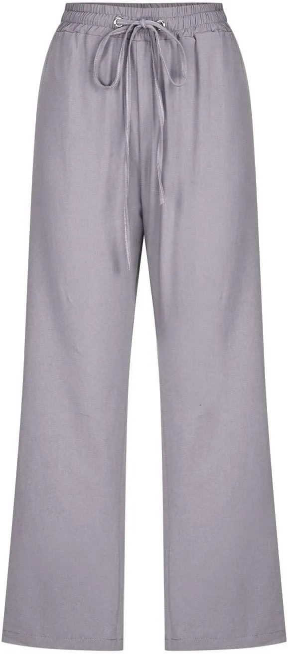 Linen Capris for Women 2024 Summer Drawstring Elastic Waist Capri Pants Wide Leg Cropped Beach Trousers with Pockets