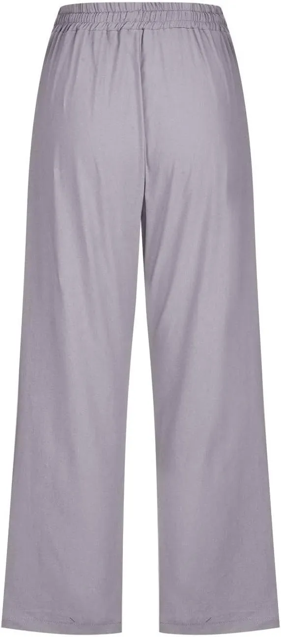 Linen Capris for Women 2024 Summer Drawstring Elastic Waist Capri Pants Wide Leg Cropped Beach Trousers with Pockets