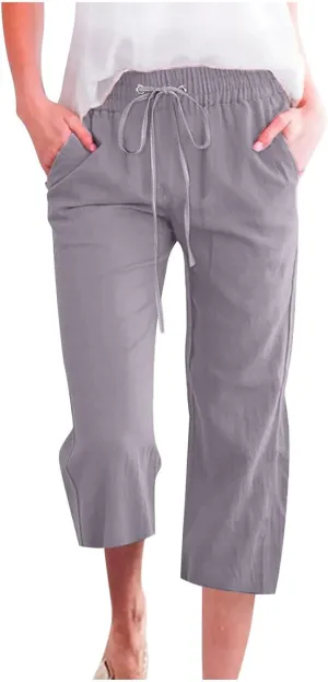 Linen Capris for Women 2024 Summer Drawstring Elastic Waist Capri Pants Wide Leg Cropped Beach Trousers with Pockets