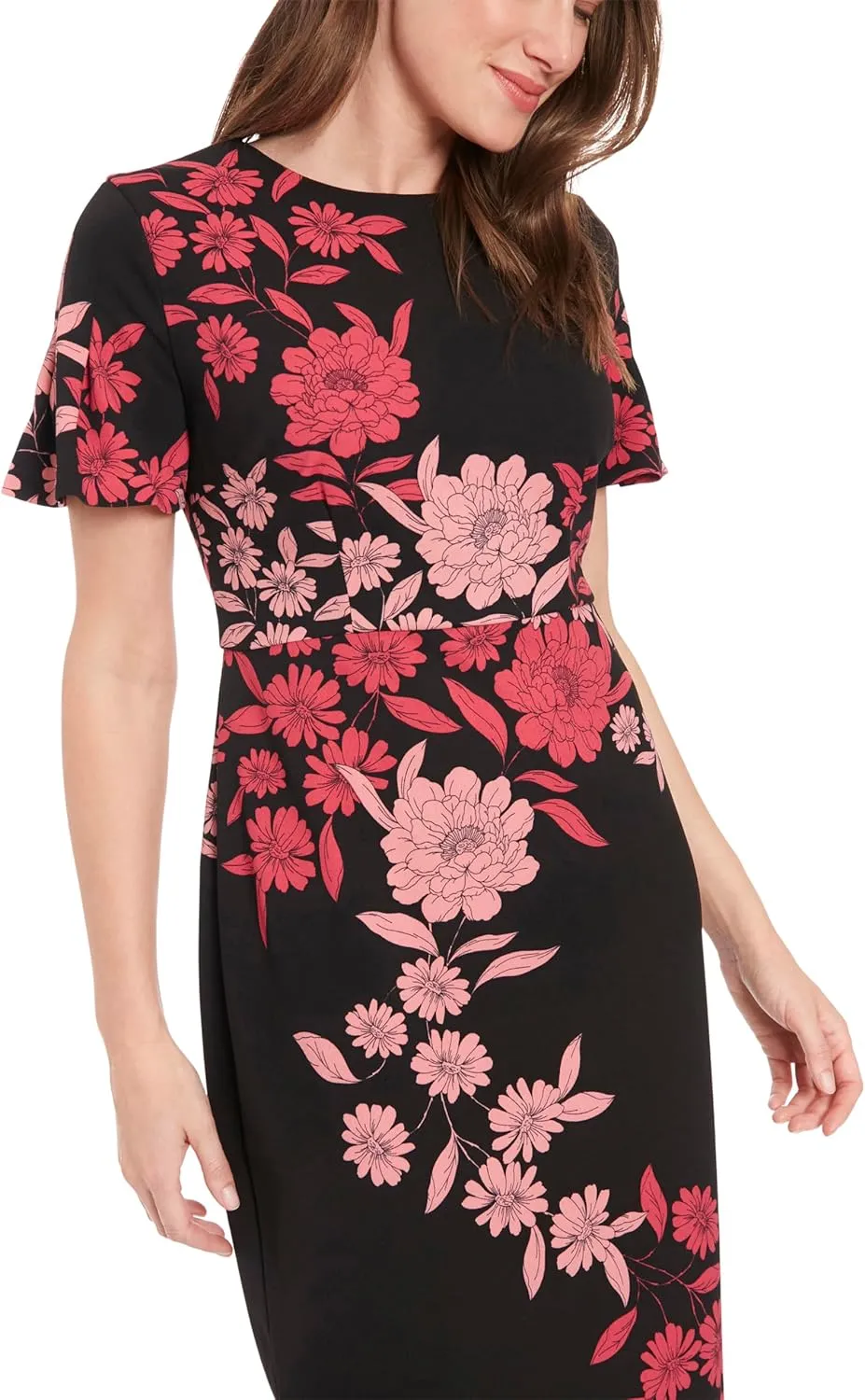London Times Women's Dresses Jewel Neck Flutter Sleeve Emotional Flattering Polished Chic Midi Length Sheath Dress