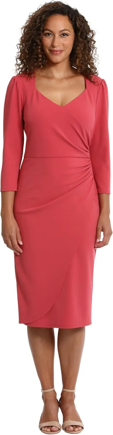 London Times Women's Sweetheart Neck Side Gather Midi Polished Chic Versatile Career Event Dress with Sleeves