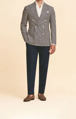 Loro Piana SUMMERTIME Royal Blue & Ivory Wool, Silk & Linen Glencheck with Light Brown Windowpane