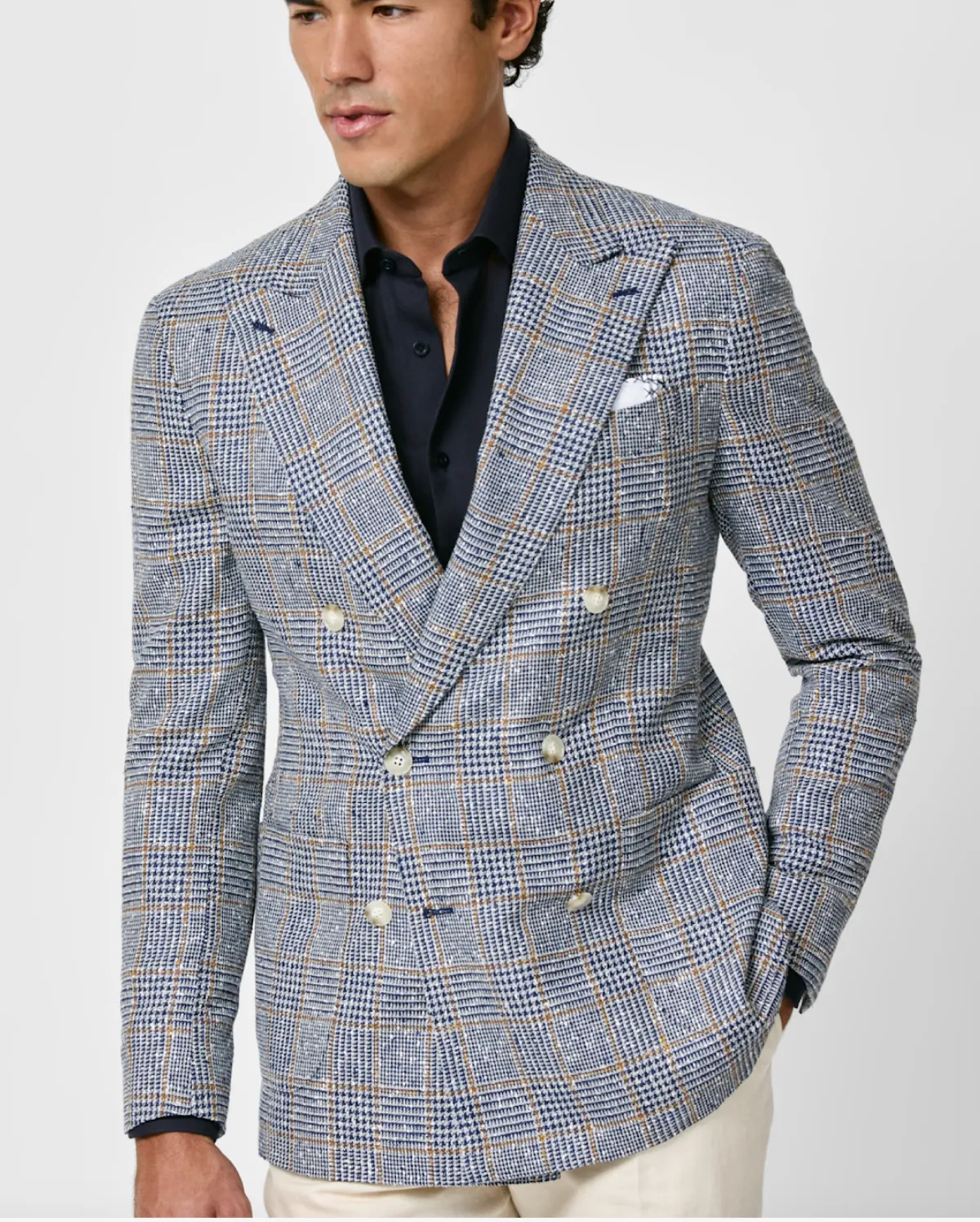 Loro Piana SUMMERTIME Royal Blue & Ivory Wool, Silk & Linen Glencheck with Light Brown Windowpane