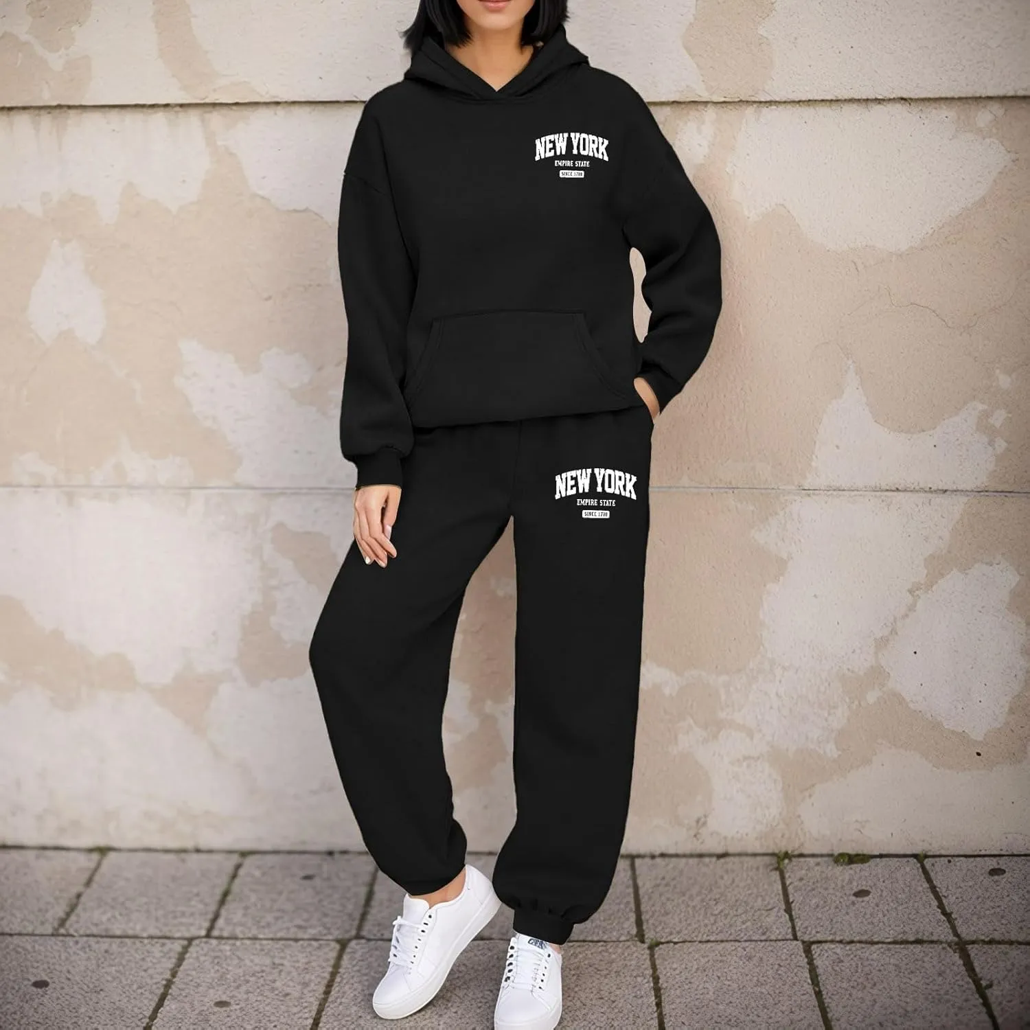 Los Angeles Print Sweatsuit Set for Women Simple Oversize Hoodies Sweatshirt & Jogger Sweatpants Cozy 2 Piece Outfits