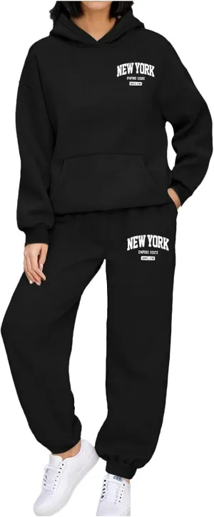 Los Angeles Print Sweatsuit Set for Women Simple Oversize Hoodies Sweatshirt & Jogger Sweatpants Cozy 2 Piece Outfits