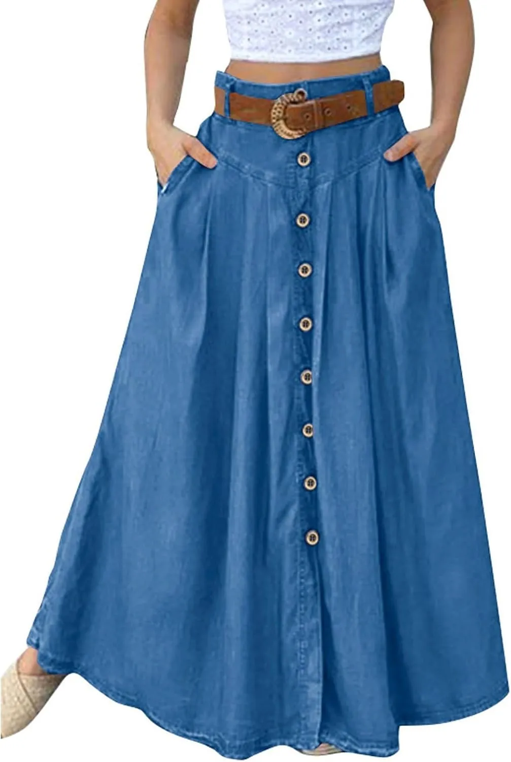 Maxi Skirts for Women Casual Long Washed Denim Prairie Skirt with Front Button Ankle Length Casual Pleated Skrit
