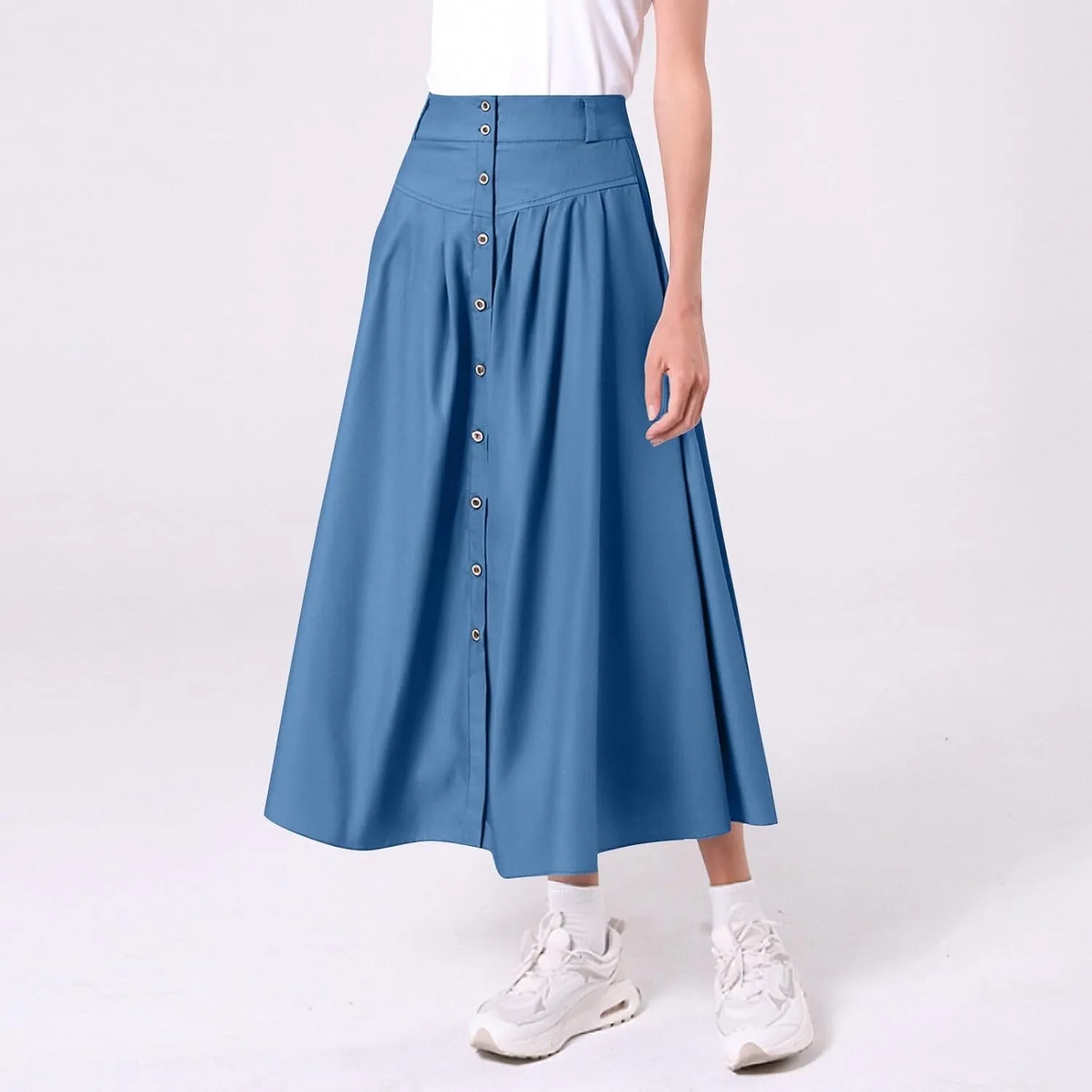 Maxi Skirts for Women Casual Long Washed Denim Prairie Skirt with Front Button Ankle Length Casual Pleated Skrit