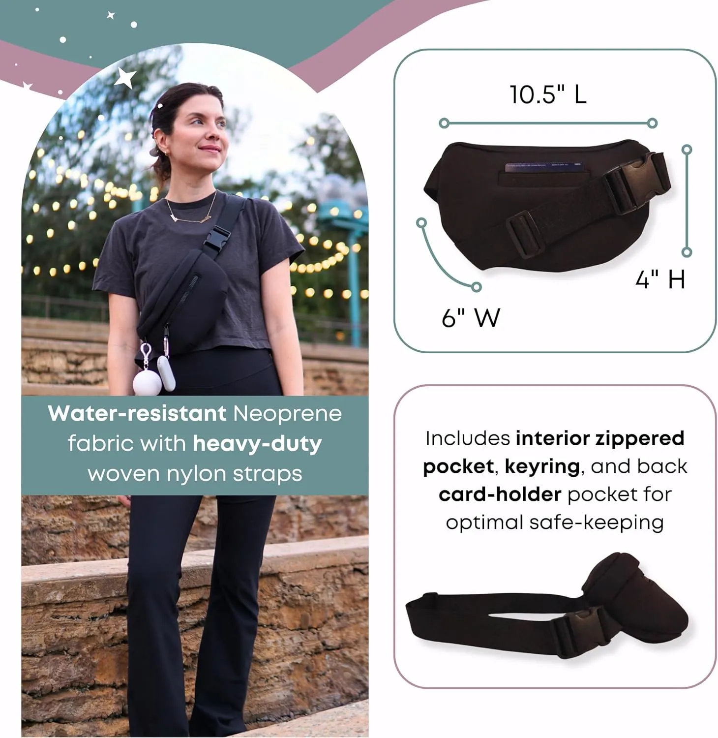 Maxie & Nova 20 Pcs Theme Park Essentials Kit (Two Each: Fanny Pack, USB Fan, Collapsable Water Bottle, Cooling Towel, Silicone Straw, 3 Disposable Rain Ponchos & Case, 1 Black & 1 Pink