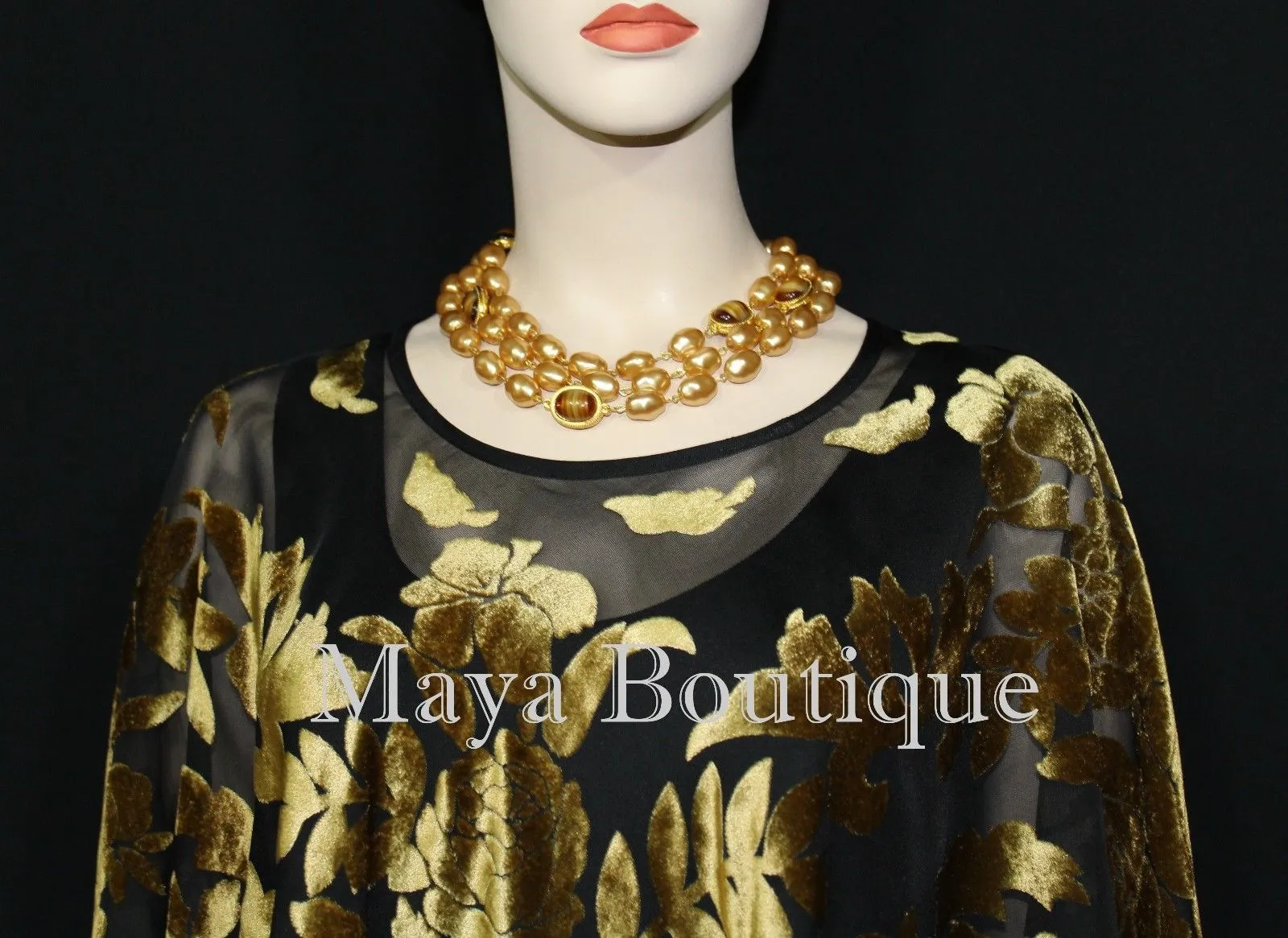 Maya Matazaro Antique Gold & Black Burnout Velvet Poncho Shawl Top With Fringes