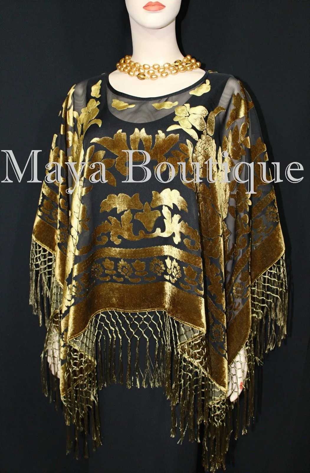 Maya Matazaro Antique Gold & Black Burnout Velvet Poncho Shawl Top With Fringes
