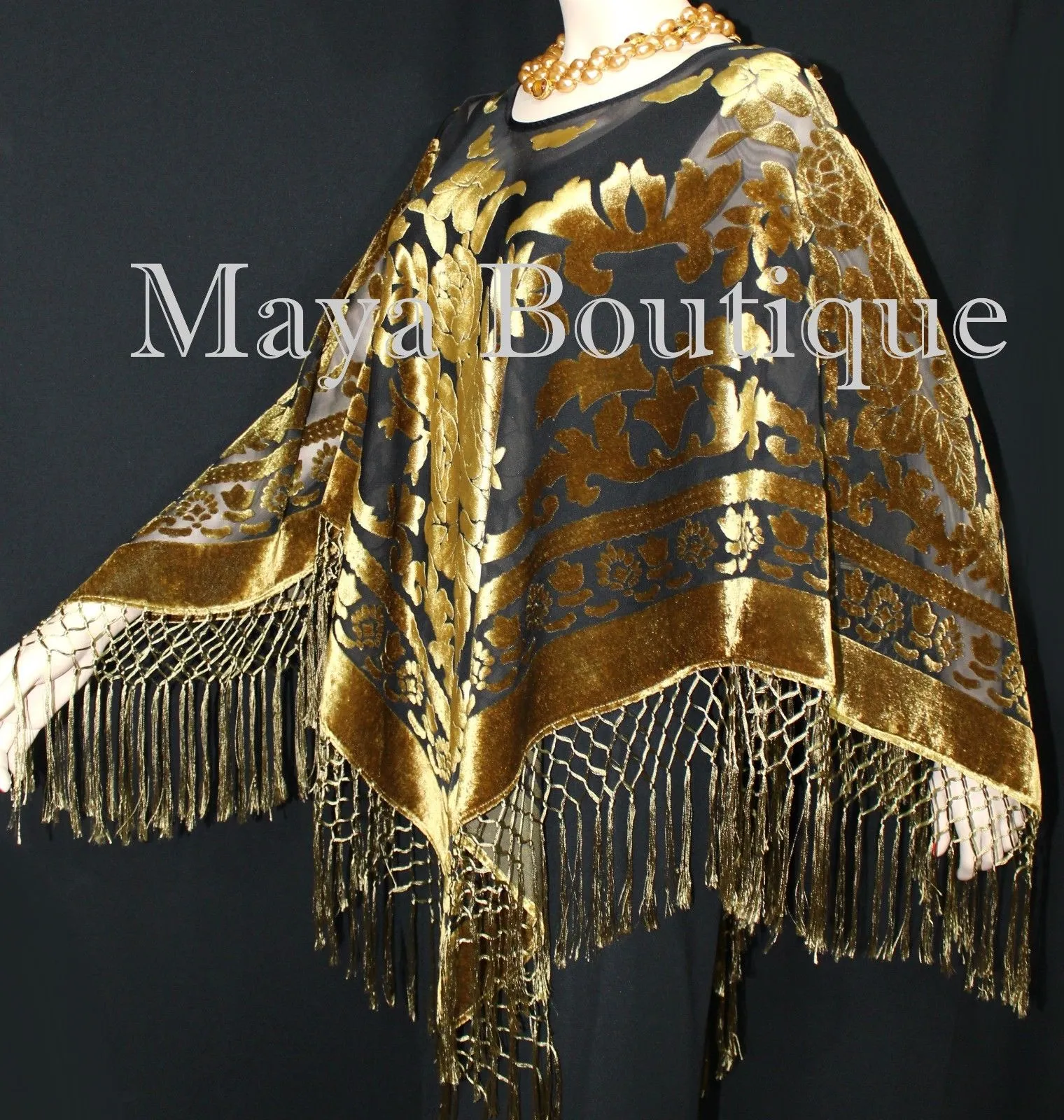 Maya Matazaro Antique Gold & Black Burnout Velvet Poncho Shawl Top With Fringes