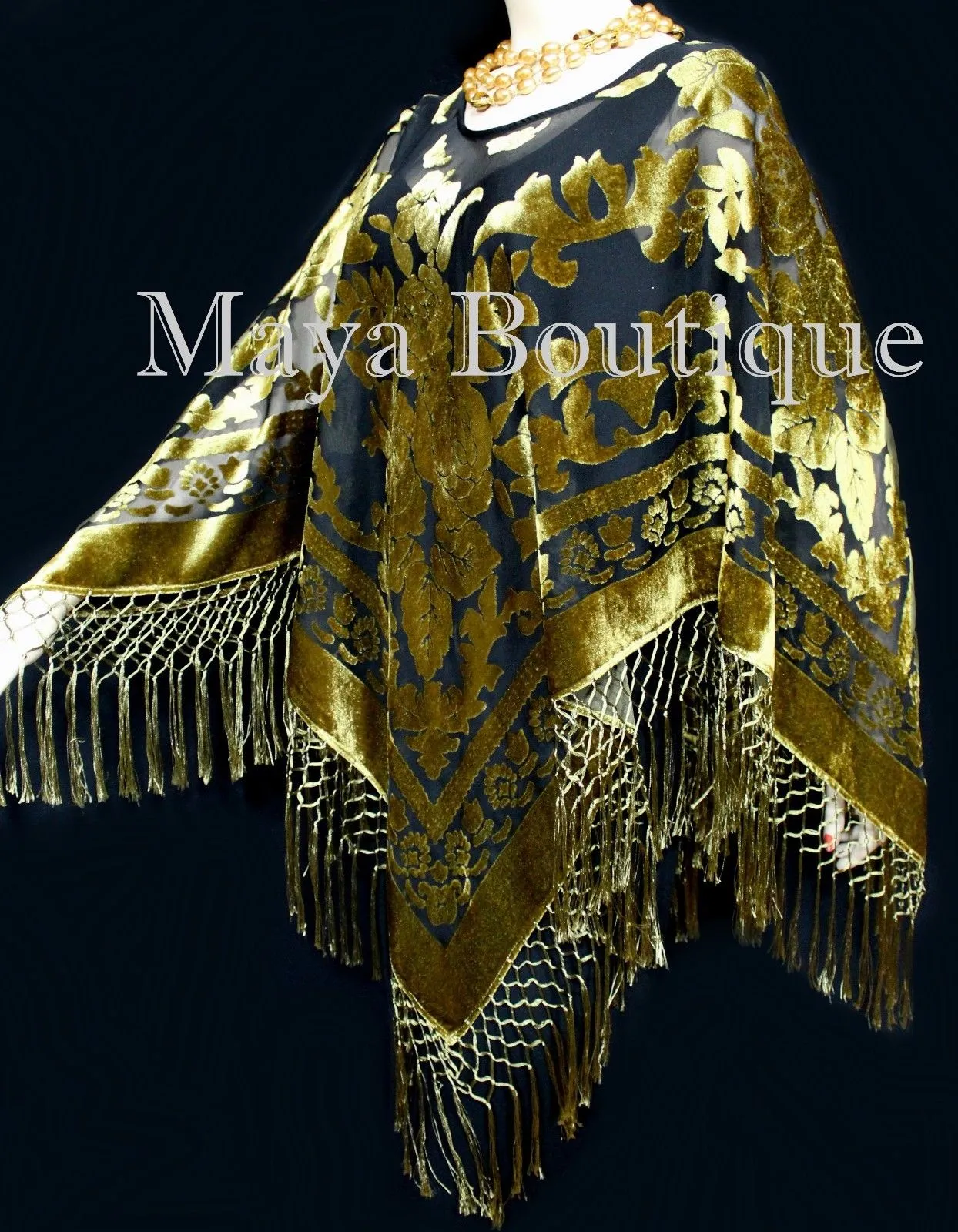 Maya Matazaro Antique Gold & Black Burnout Velvet Poncho Shawl Top With Fringes