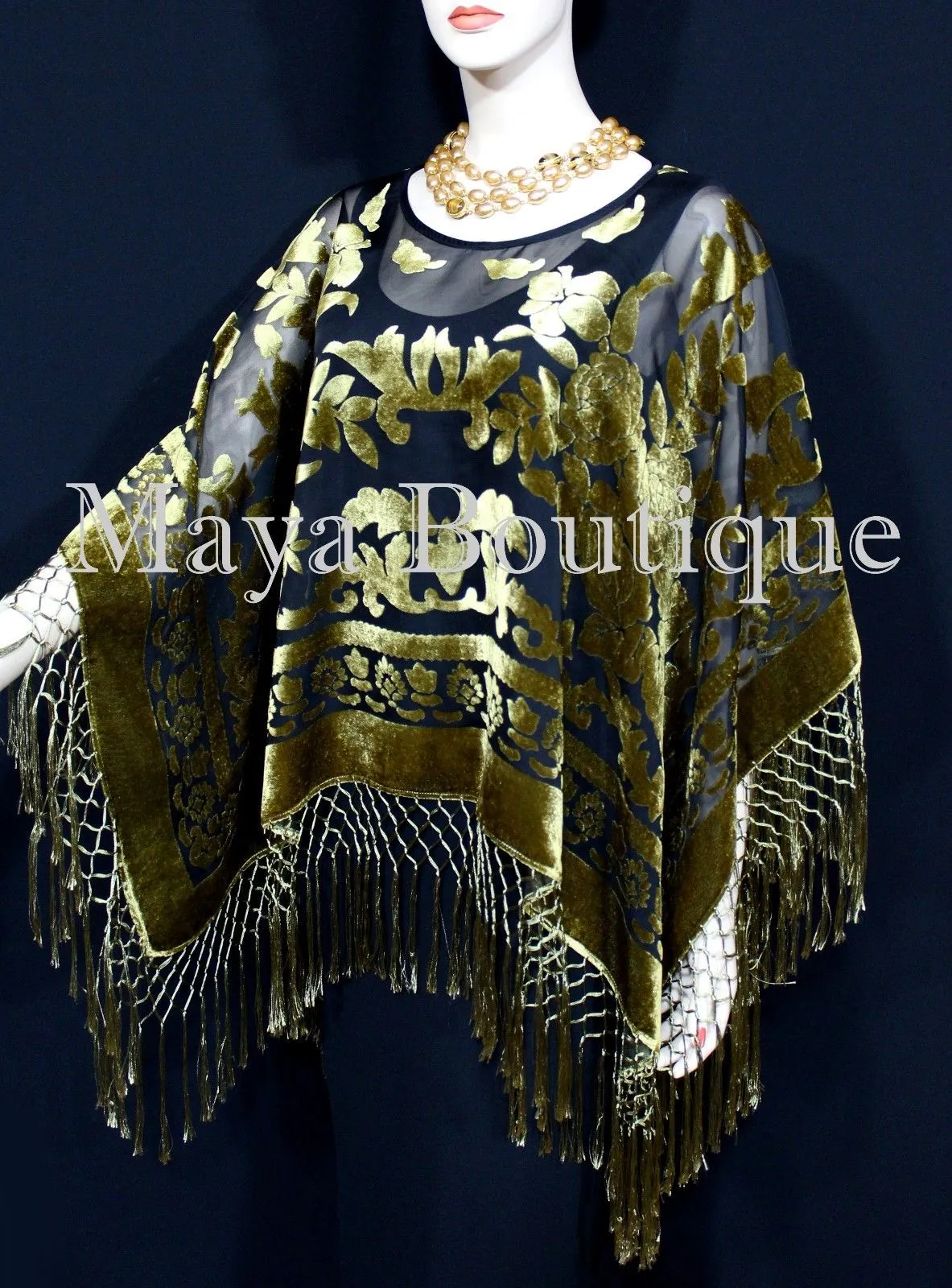 Maya Matazaro Antique Gold & Black Burnout Velvet Poncho Shawl Top With Fringes