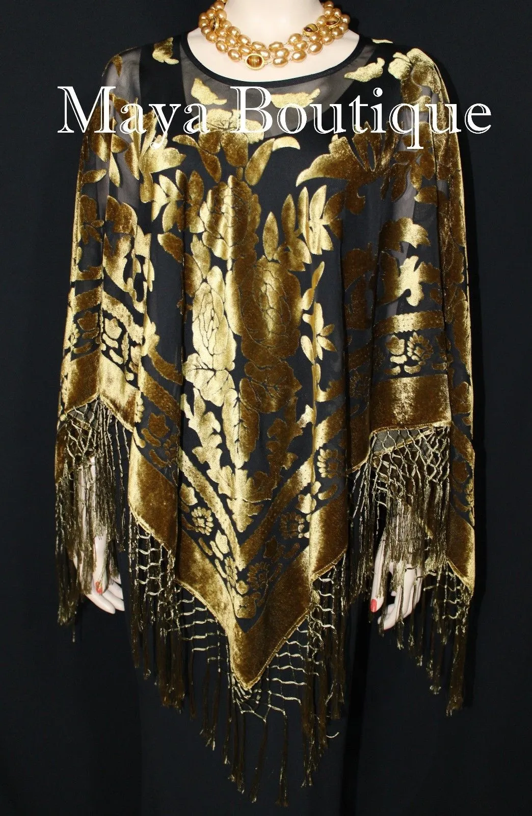 Maya Matazaro Antique Gold & Black Burnout Velvet Poncho Shawl Top With Fringes