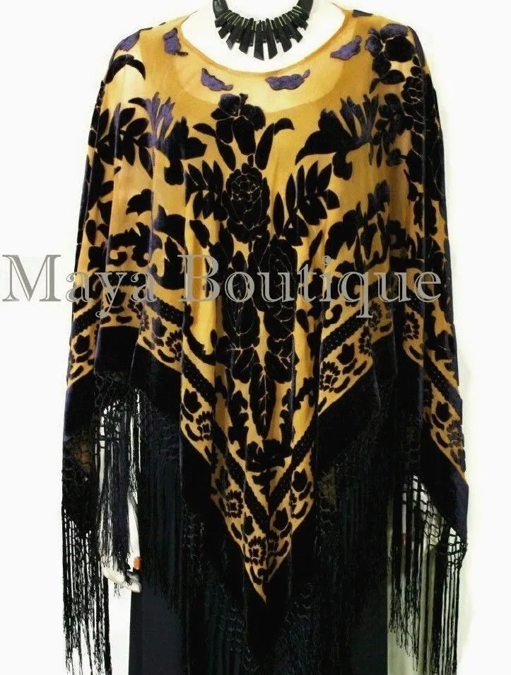 Maya Matazaro Black & Antique Gold Silk Burnout Velvet Poncho Fringed Shawl Top