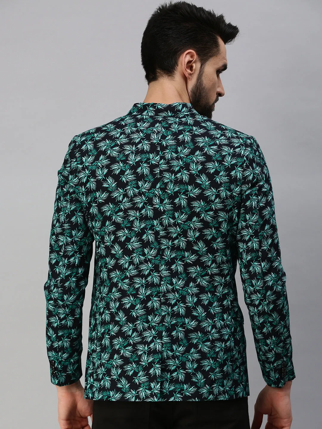 Men Green Printed Single-Breasted Party Blazer