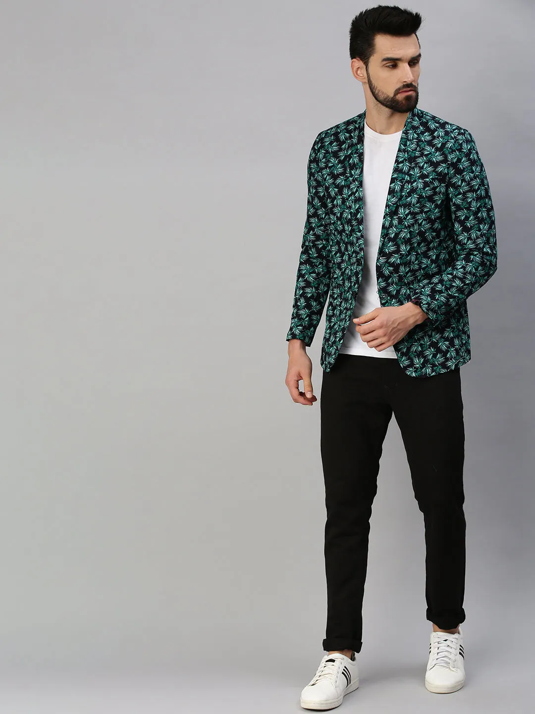 Men Green Printed Single-Breasted Party Blazer