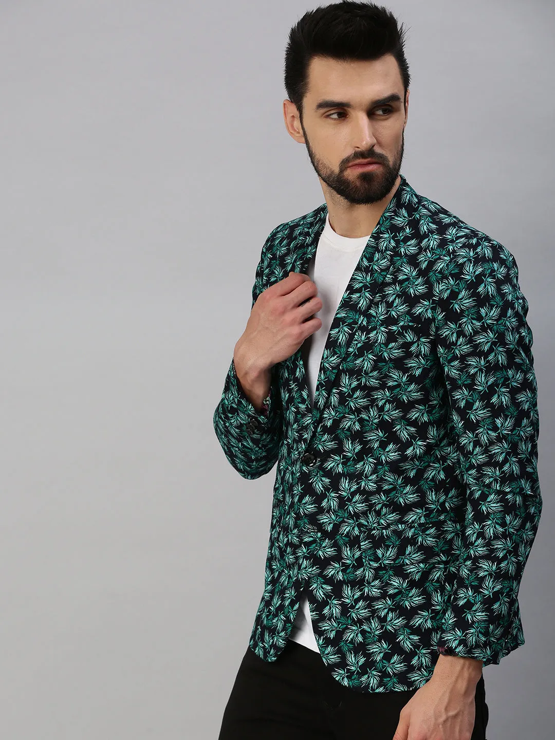 Men Green Printed Single-Breasted Party Blazer