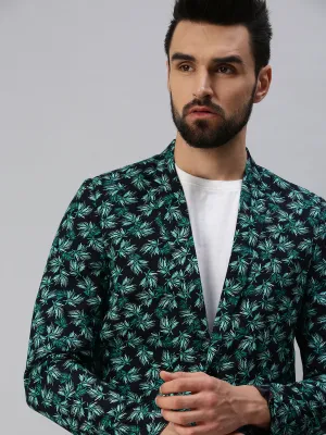 Men Green Printed Single-Breasted Party Blazer