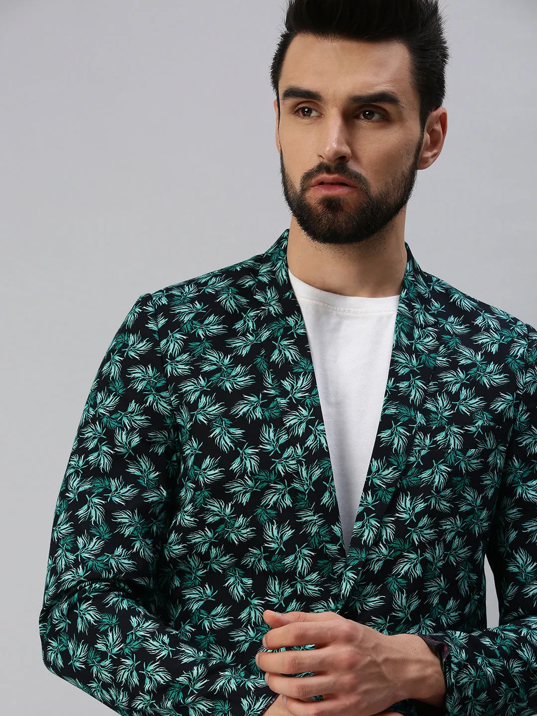 Men Green Printed Single-Breasted Party Blazer