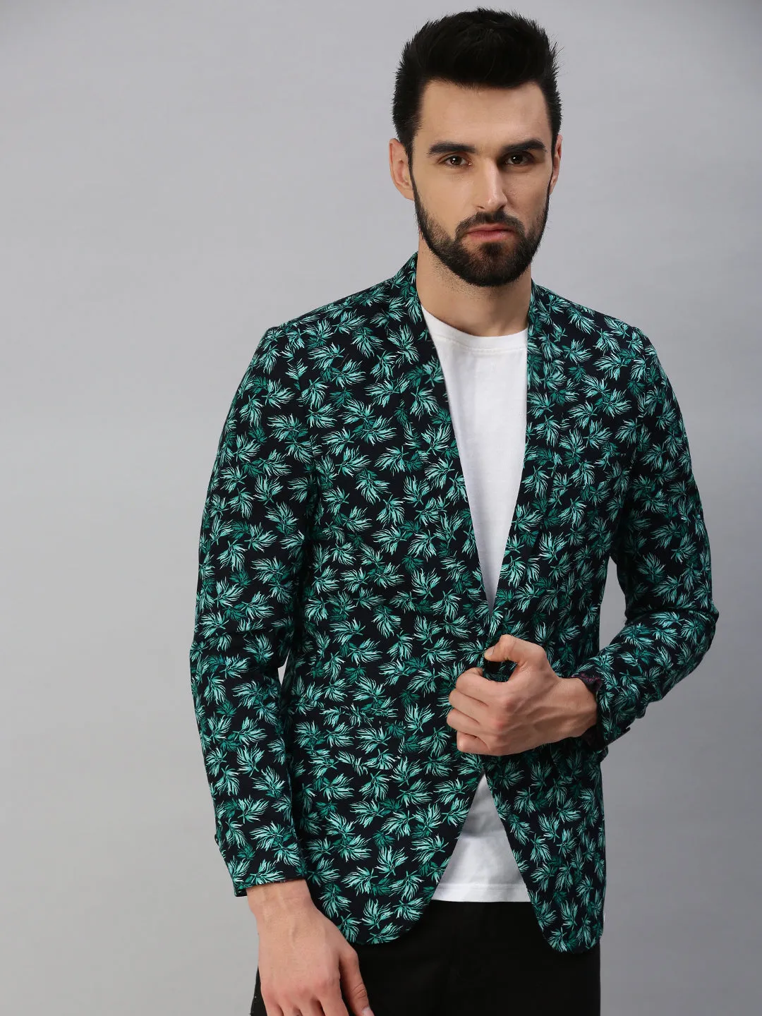 Men Green Printed Single-Breasted Party Blazer