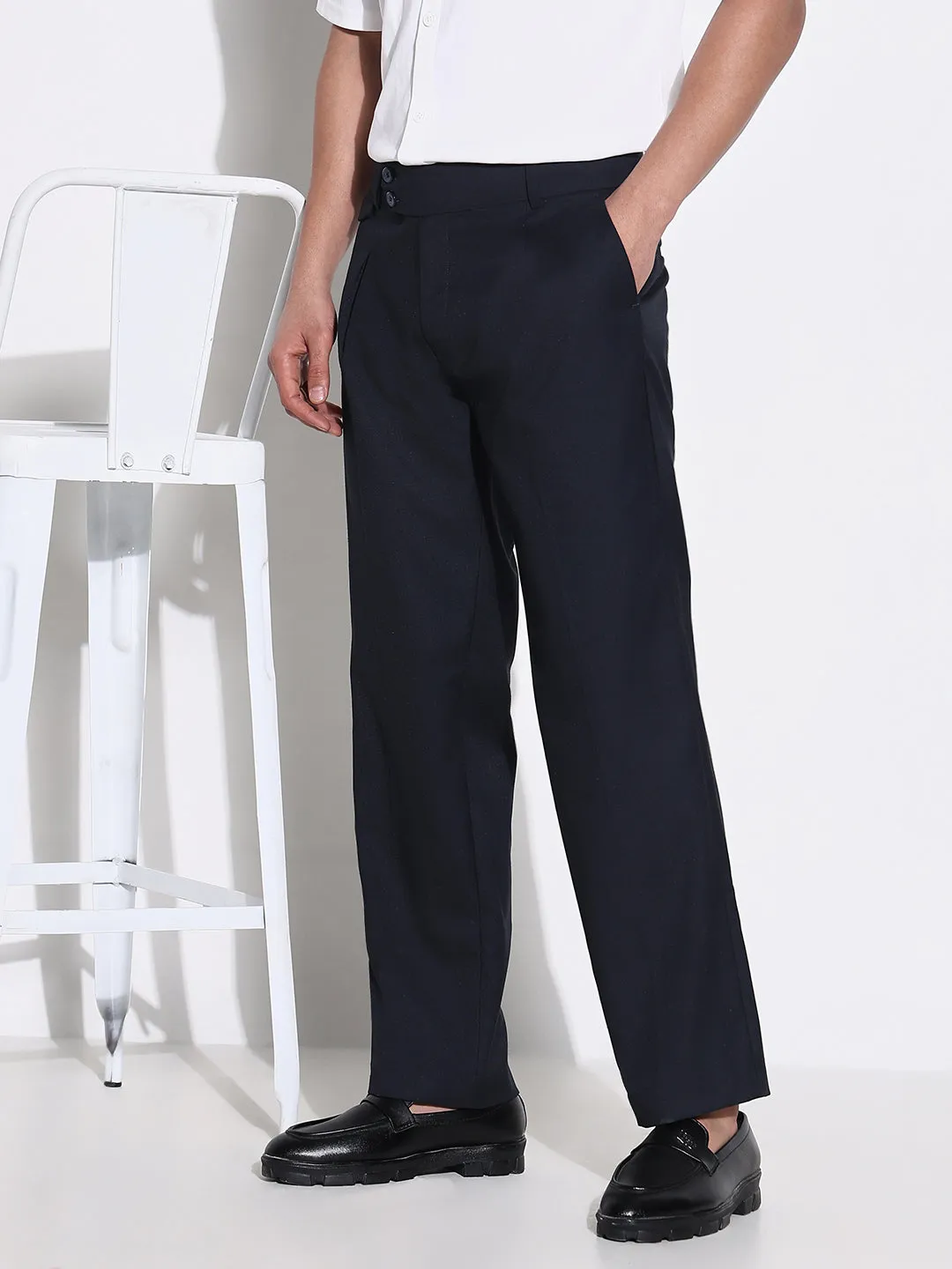 Men Navy Blue Comfort Low-Rise Pleated Trousers