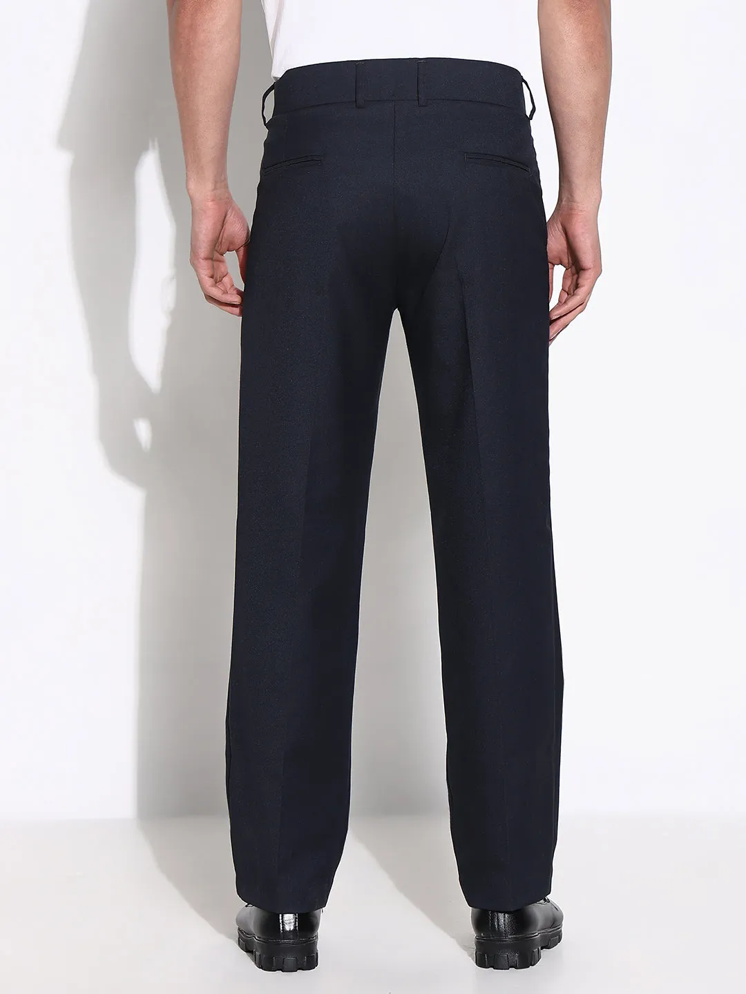 Men Navy Blue Comfort Low-Rise Pleated Trousers