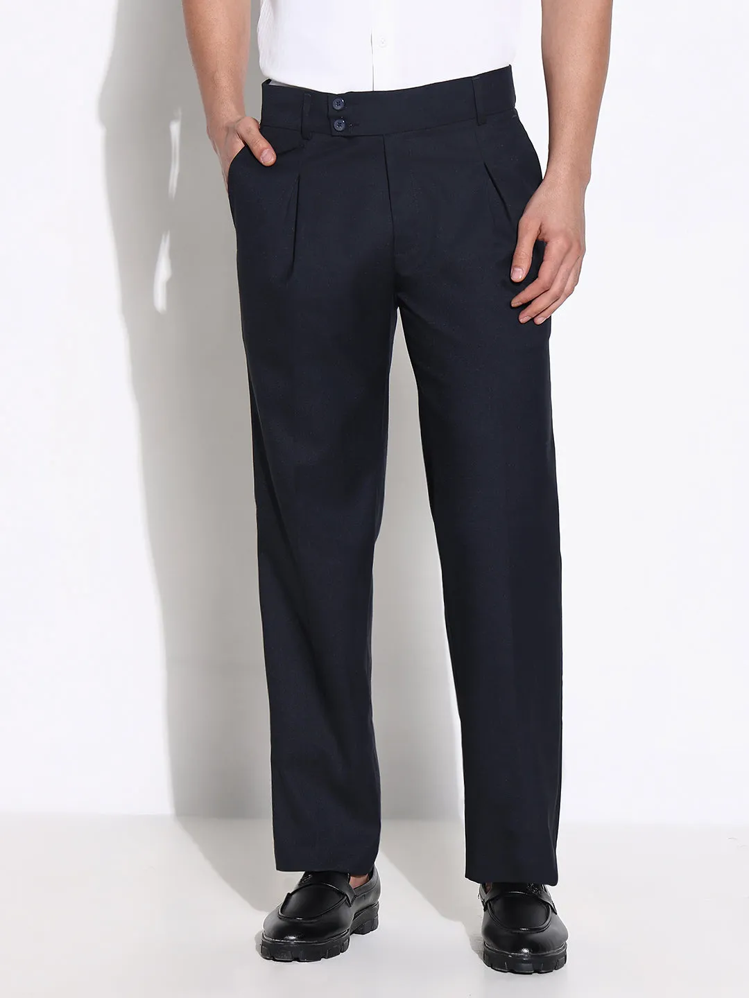 Men Navy Blue Comfort Low-Rise Pleated Trousers