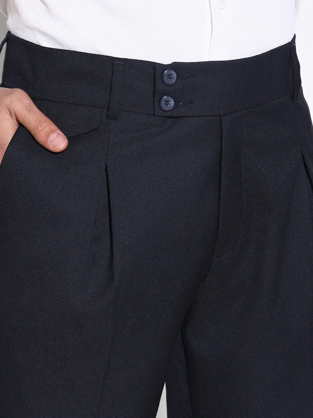 Men Navy Blue Comfort Low-Rise Pleated Trousers