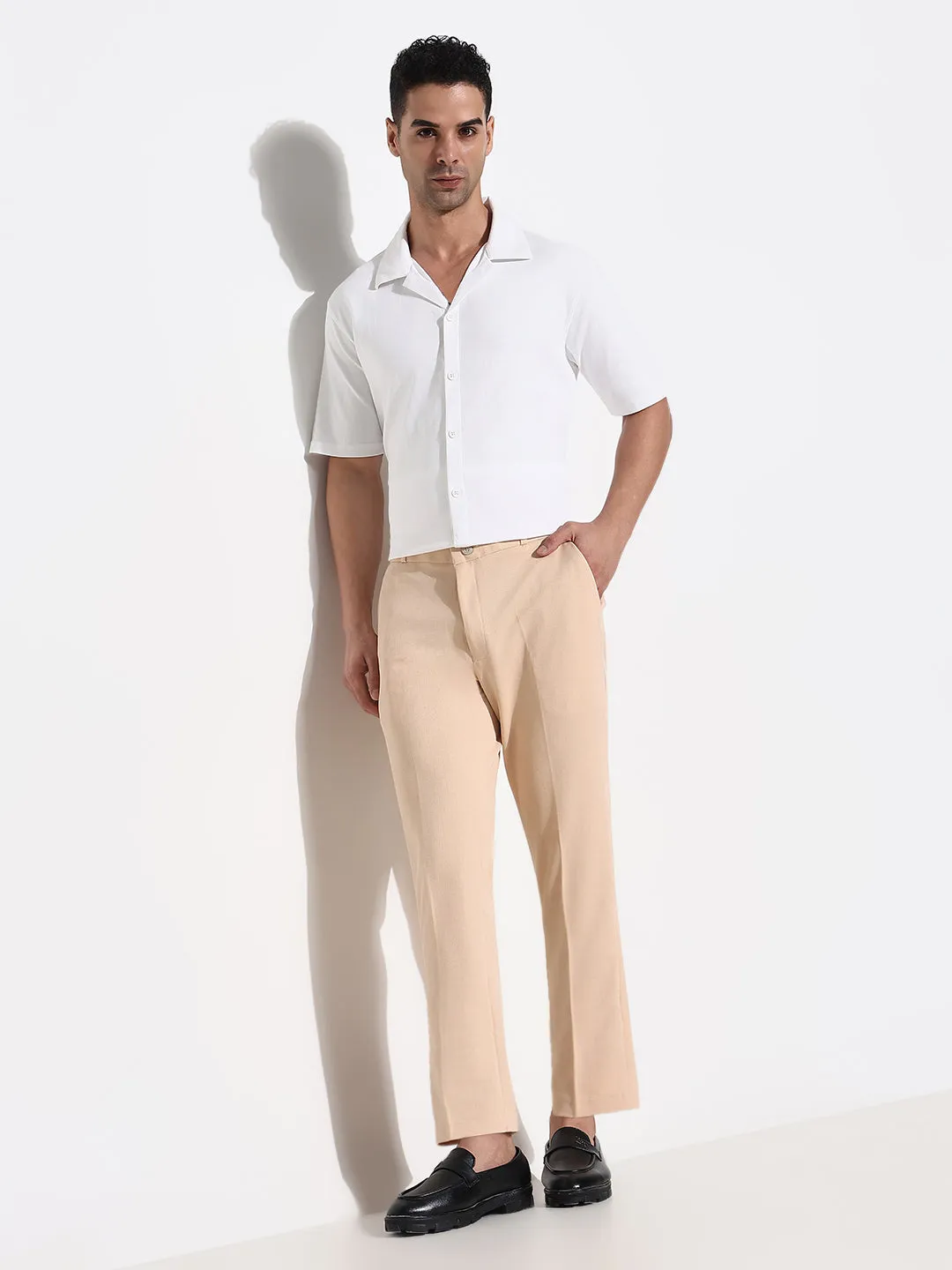Men Peach Comfort Tapered Fit Low-Rise Trousers