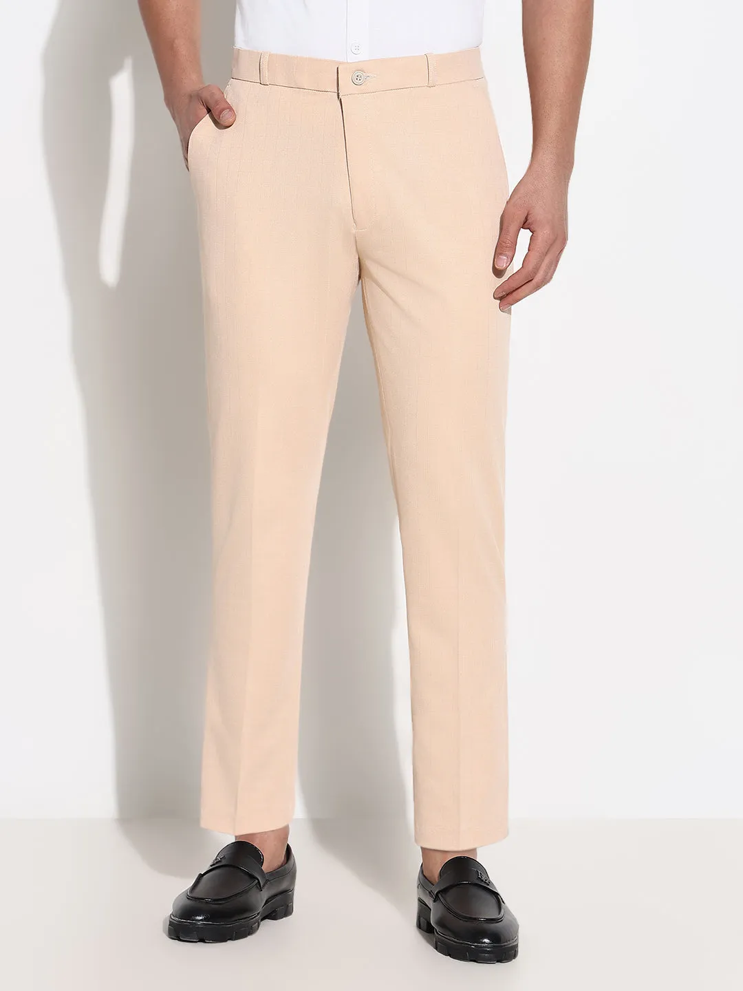 Men Peach Comfort Tapered Fit Low-Rise Trousers