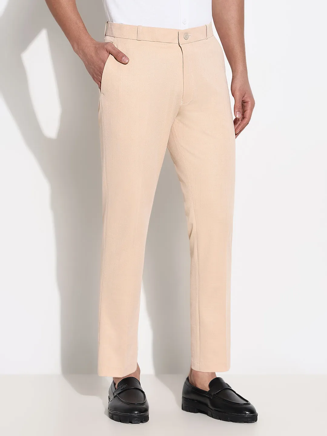 Men Peach Comfort Tapered Fit Low-Rise Trousers
