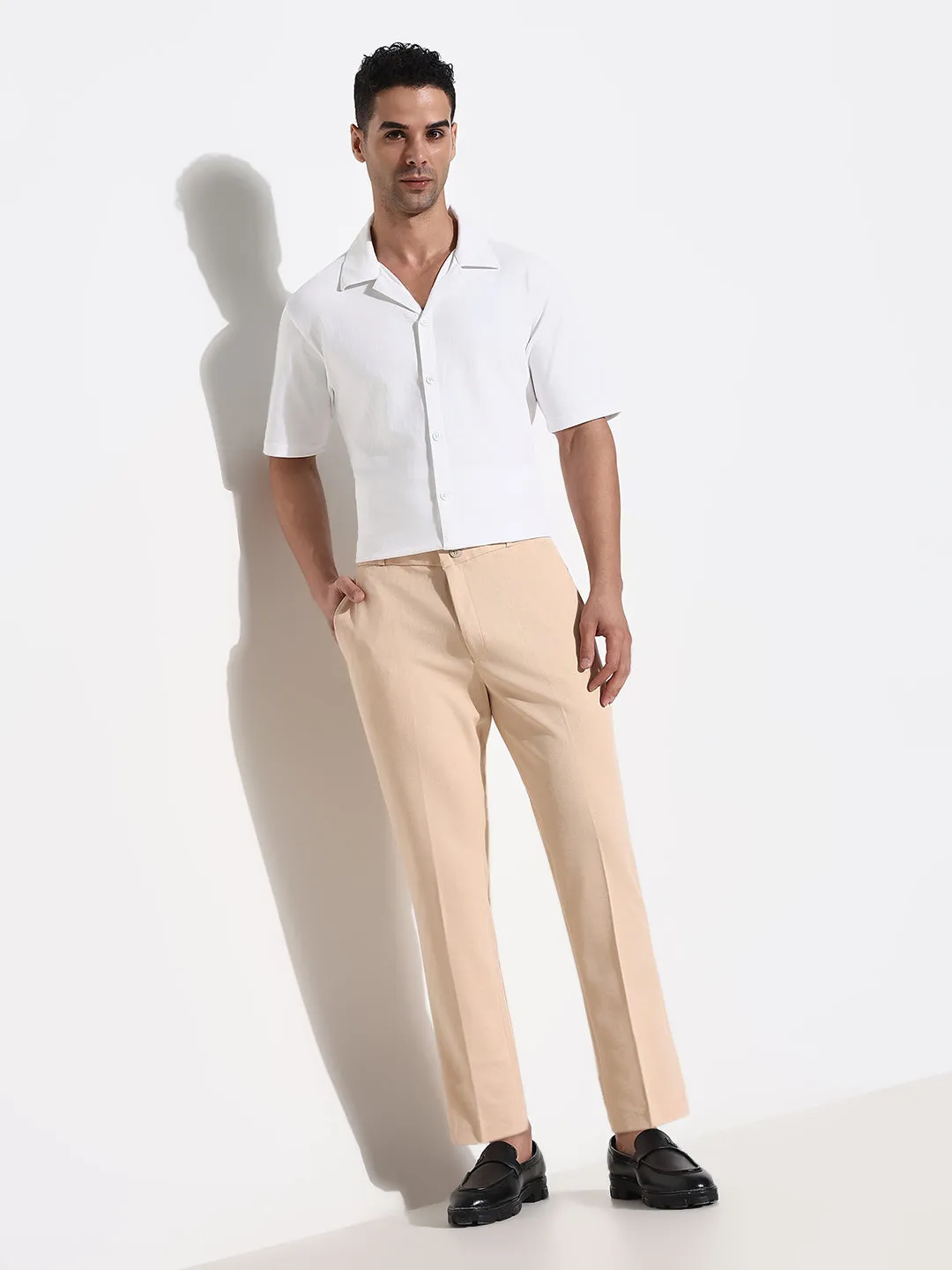 Men Peach Comfort Tapered Fit Low-Rise Trousers