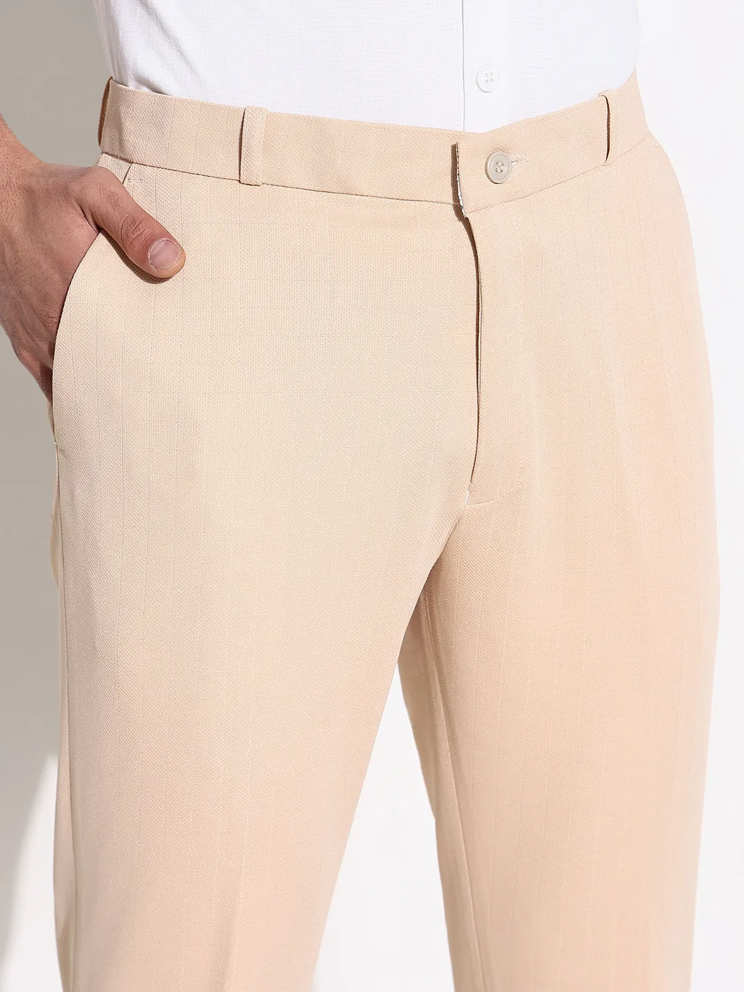 Men Peach Comfort Tapered Fit Low-Rise Trousers