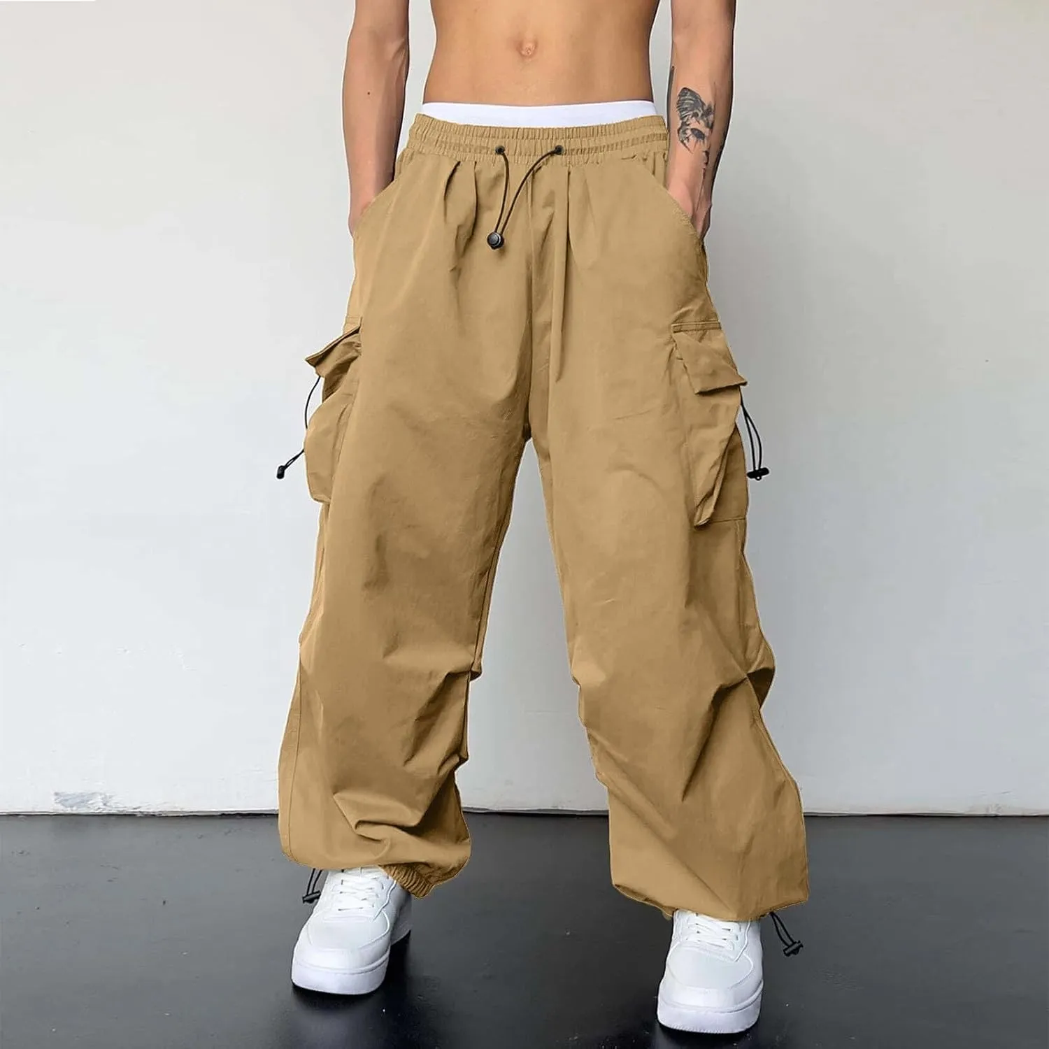 Men's Baggy Cargo Pants Casual Parachute Pant Cotton Loose Fit Harem Joggers with Multiple Pockets