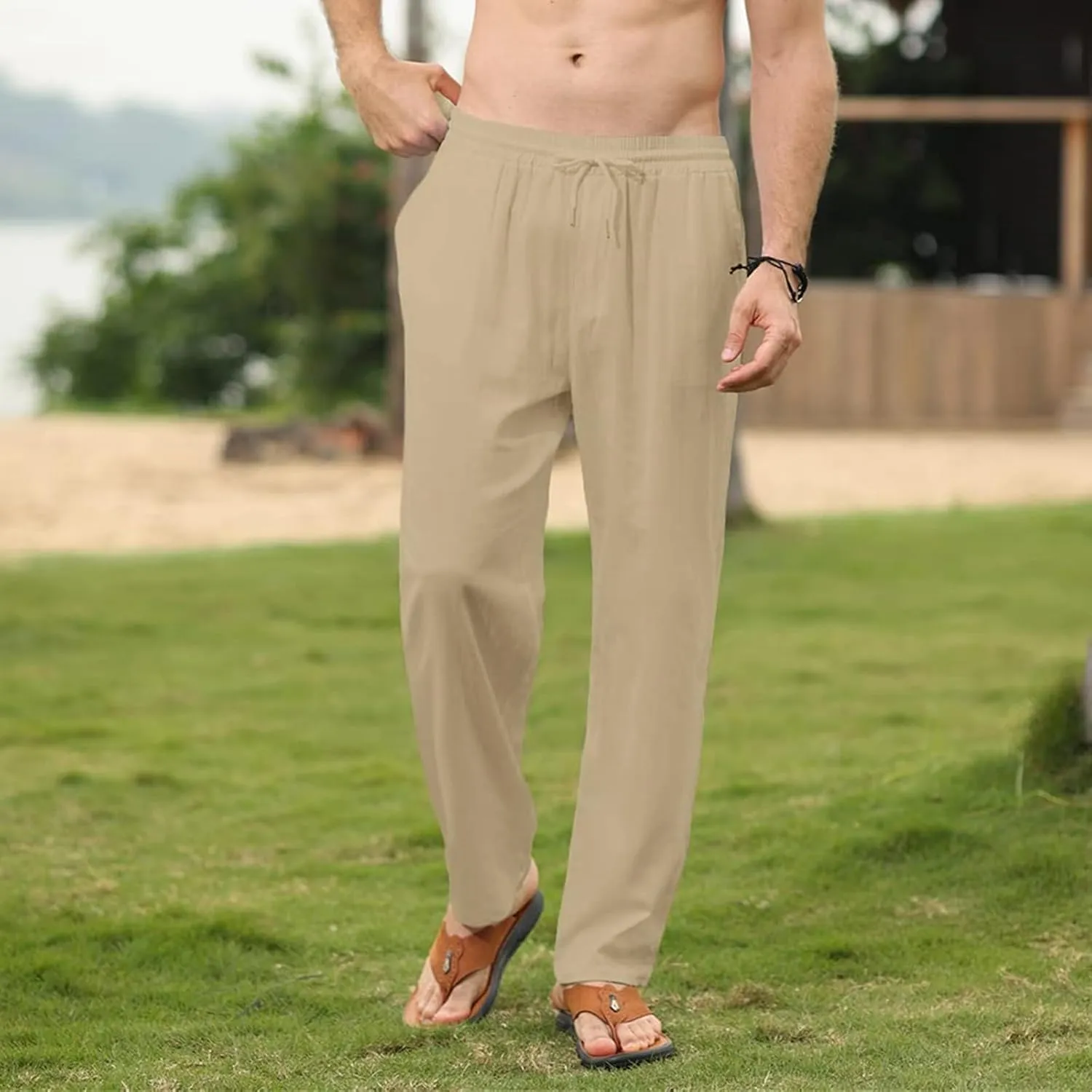 Mens Cotton Linen Pants Casual Slim Fit Solid Straight Joggers Trousers Fashion Lightweight Yoga Summer Beach Pants