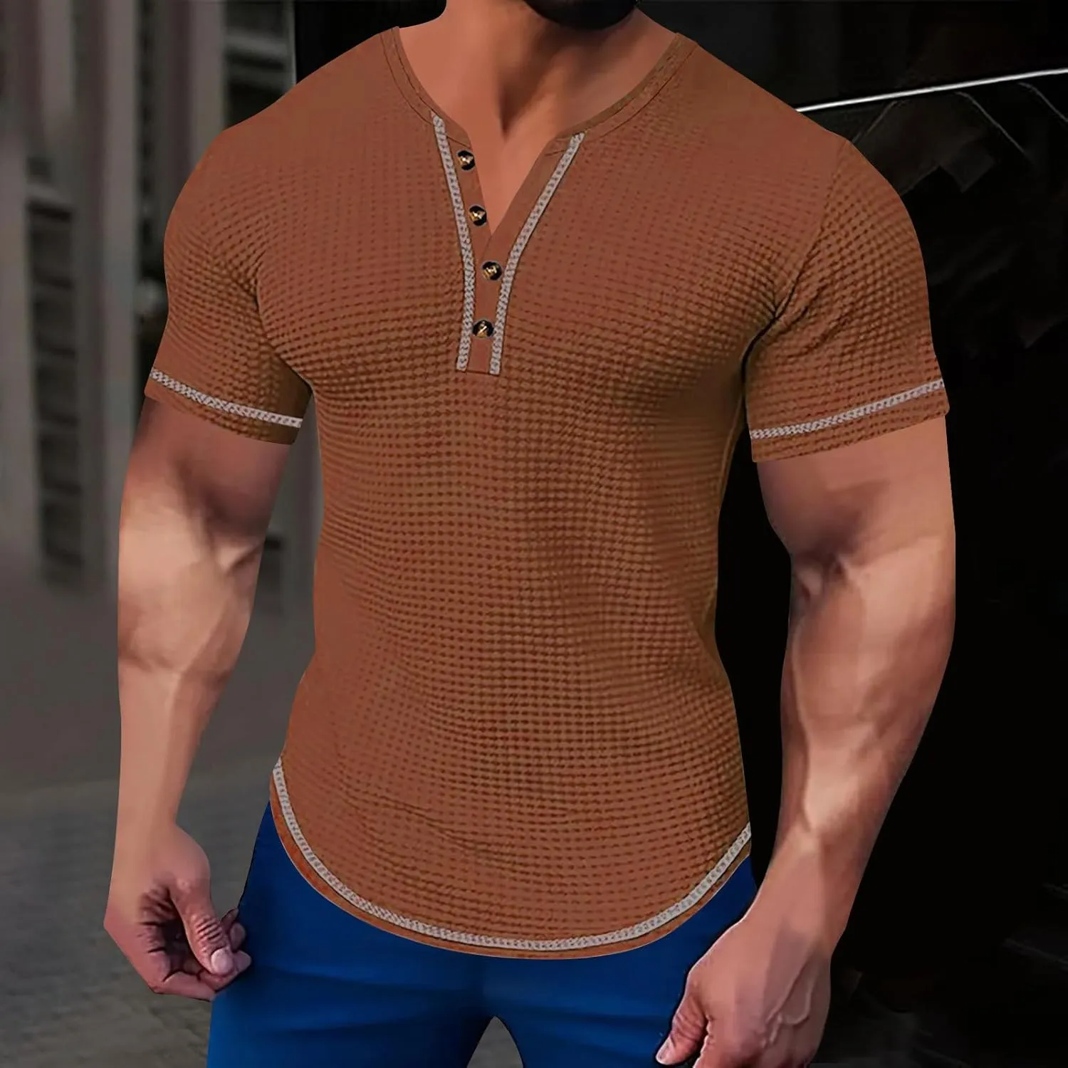 Mens Henley Shirts Short Sleeve V Neck Casual T-Shirt Button Collared Basic Fashion Summer Beach Tee Tops Slim Fit
