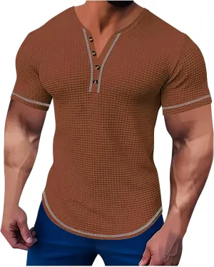 Mens Henley Shirts Short Sleeve V Neck Casual T-Shirt Button Collared Basic Fashion Summer Beach Tee Tops Slim Fit