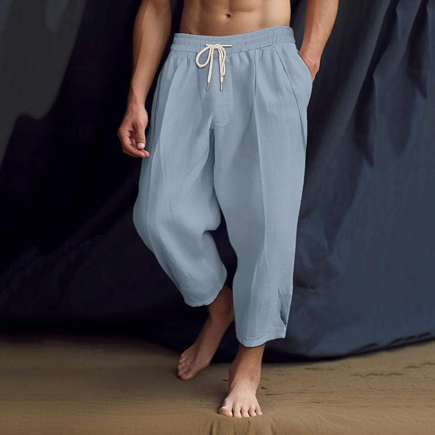 Men's Linen Summer Beach Pants Baggy Straight Leg Joggers Loose Fit Business Pant Outdoor Hiking Trousers