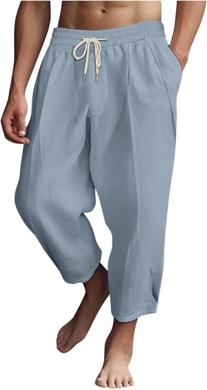 Men's Linen Summer Beach Pants Baggy Straight Leg Joggers Loose Fit Business Pant Outdoor Hiking Trousers