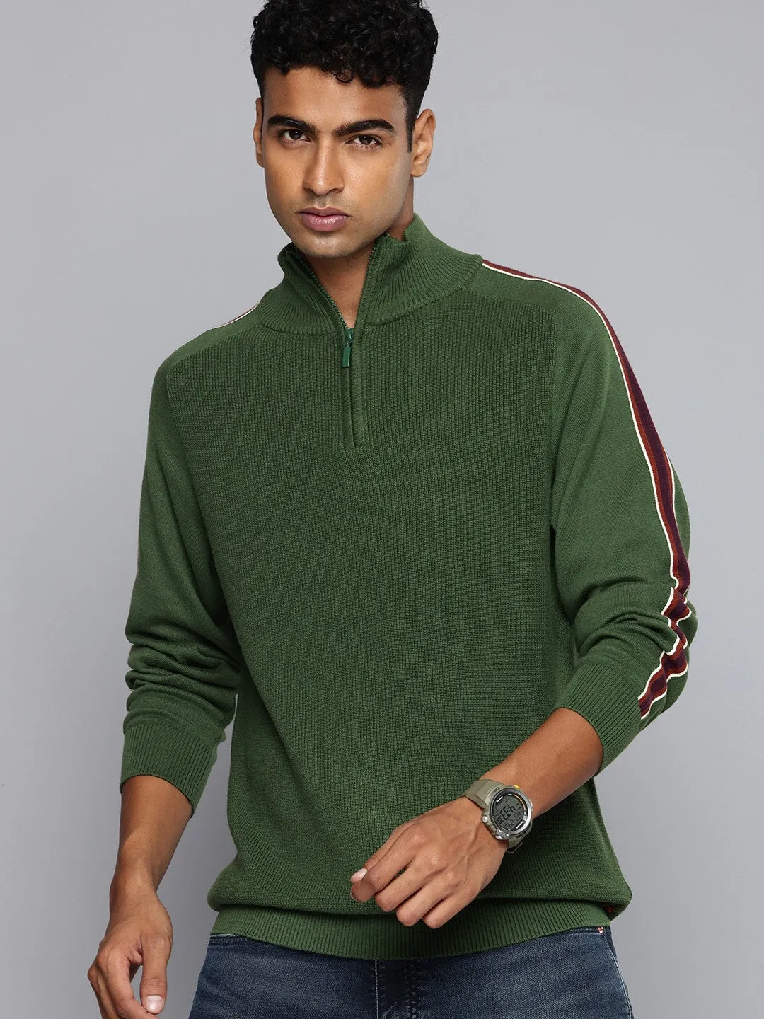 Men's Striped Green High Neck Sweater