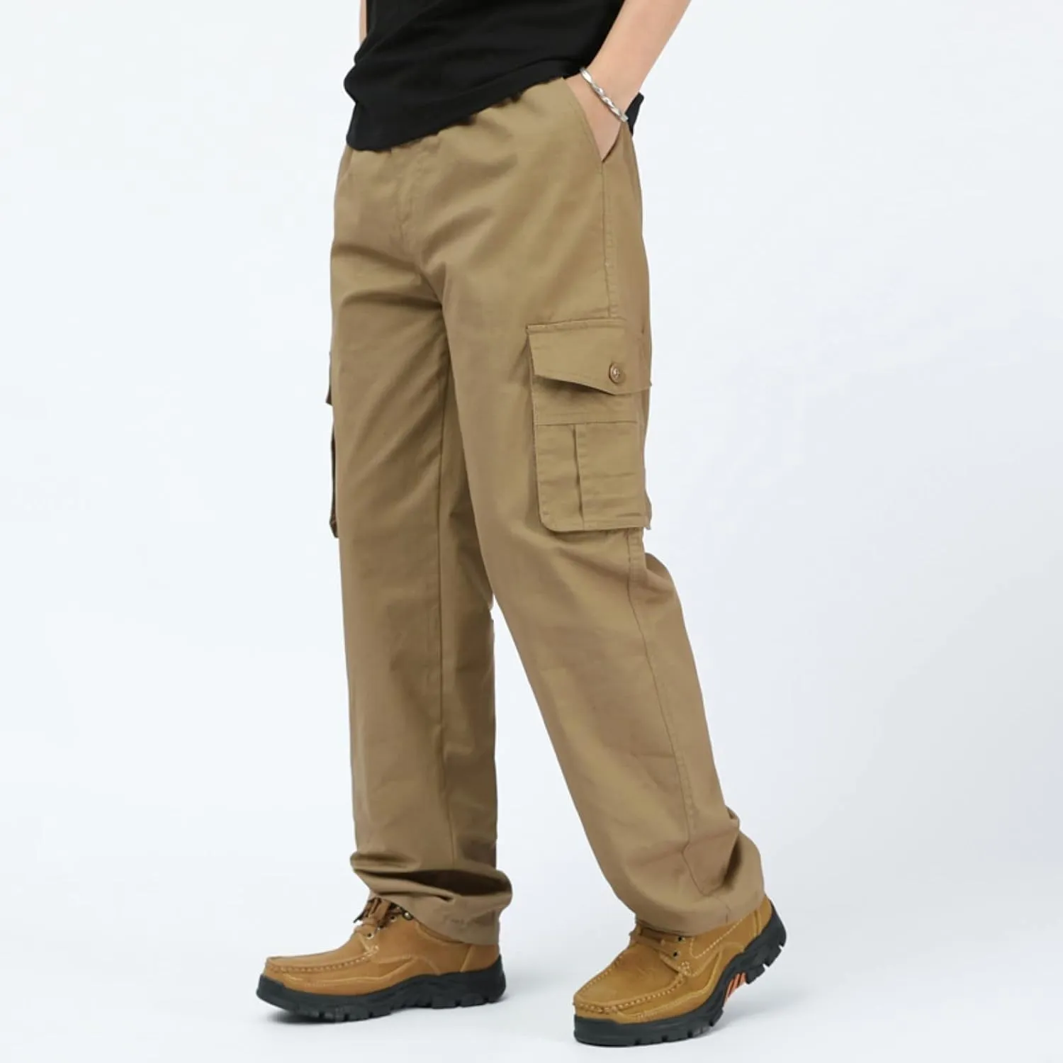 Mens Workout Cargo Sweatpants Drawstring Loose Waist Solid Color Pants Pocket Loose Fleece Casual Pants Men Fashion