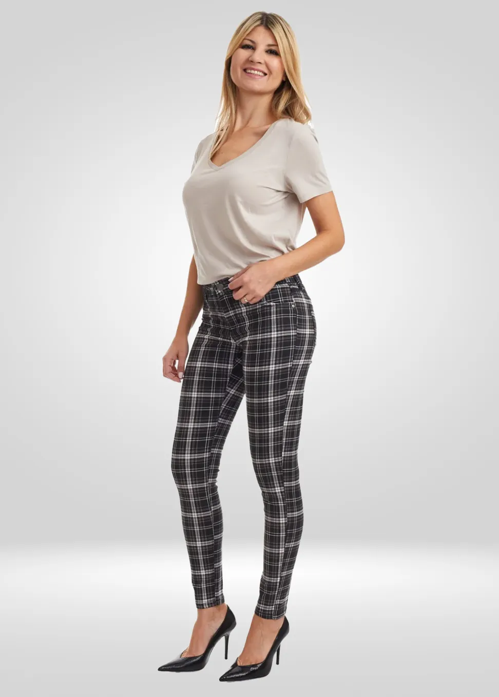 Mid Rise Plaid Skinny Power Stretch Denim Jean