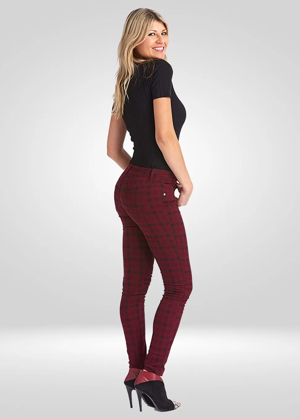 Mid Rise Plaid Skinny Power Stretch Denim Jean