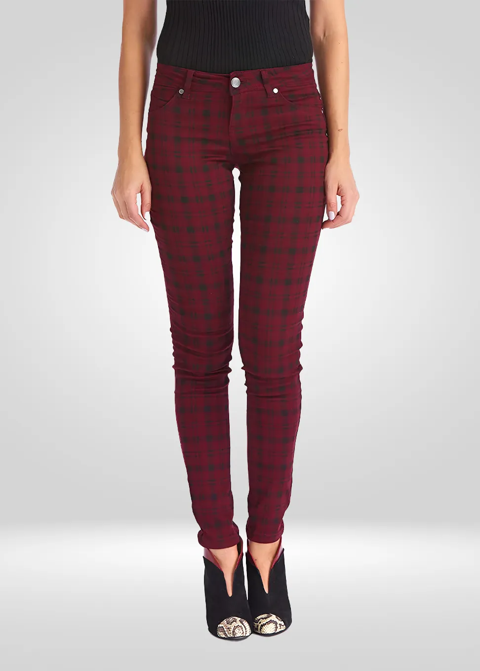 Mid Rise Plaid Skinny Power Stretch Denim Jean