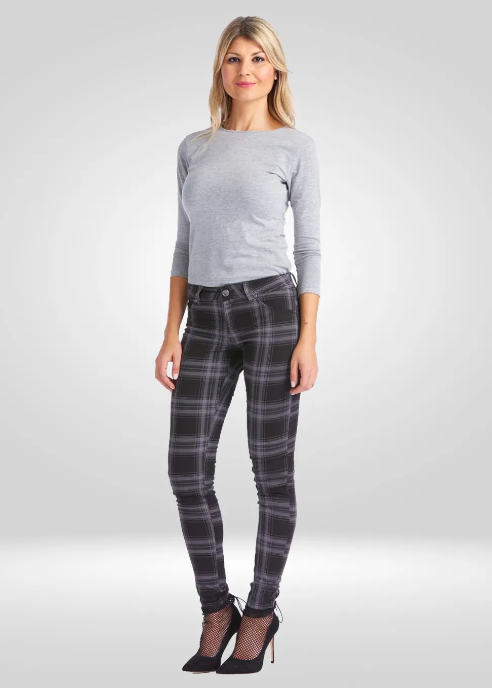 Mid Rise Plaid Skinny Power Stretch Denim Jean