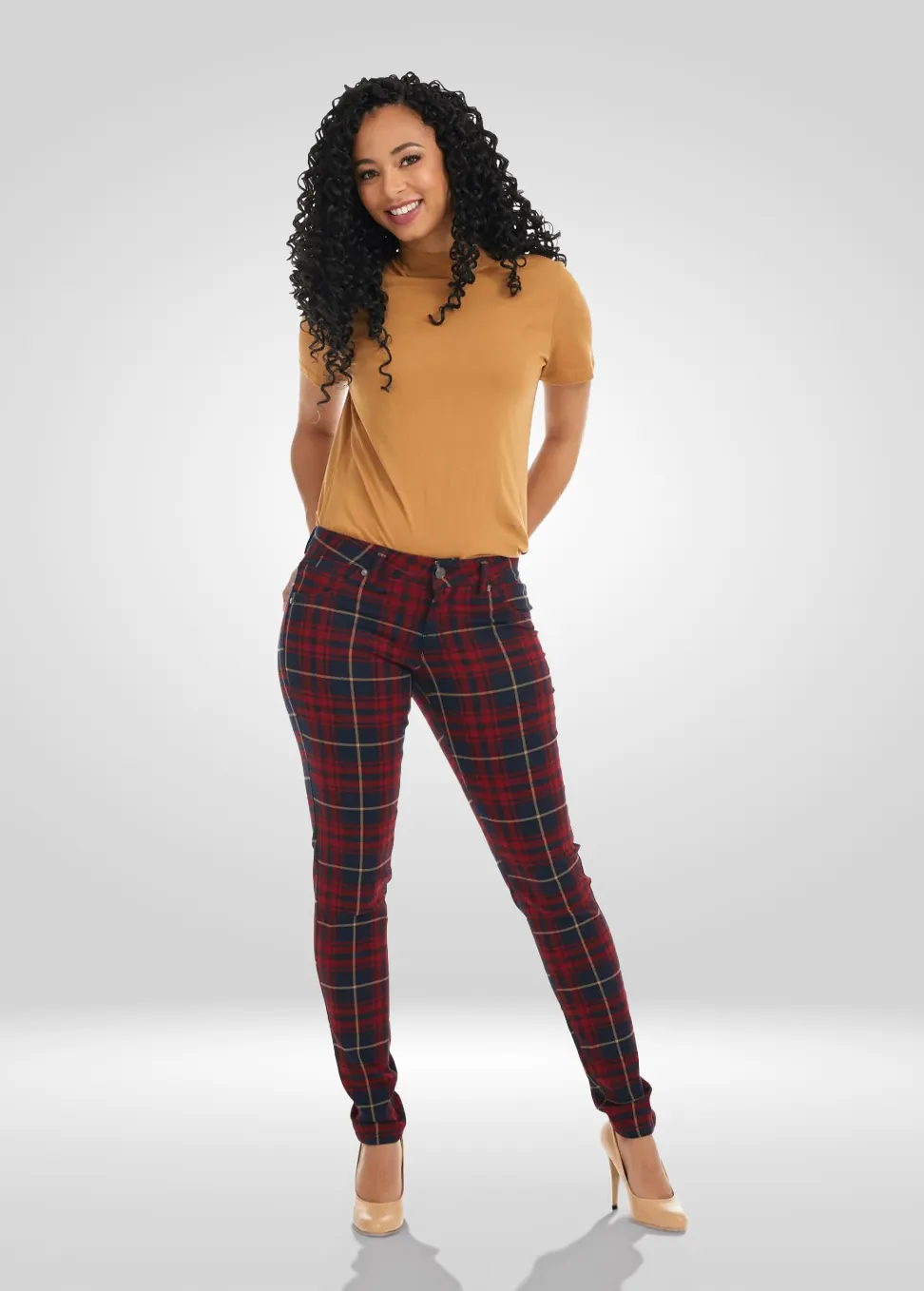 Mid Rise Plaid Skinny Power Stretch Denim Jean