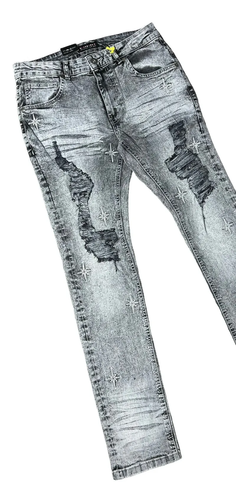 M.Society Men's Gray Ripped Jeans Stars Fashion Style Slim-Fit